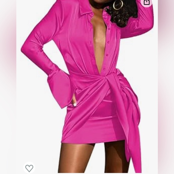 Women's Sexy Long Sleeve V Neck Button Tie Waist Bodycon Satin Wrap Mini Dress - Picture 2 of 3